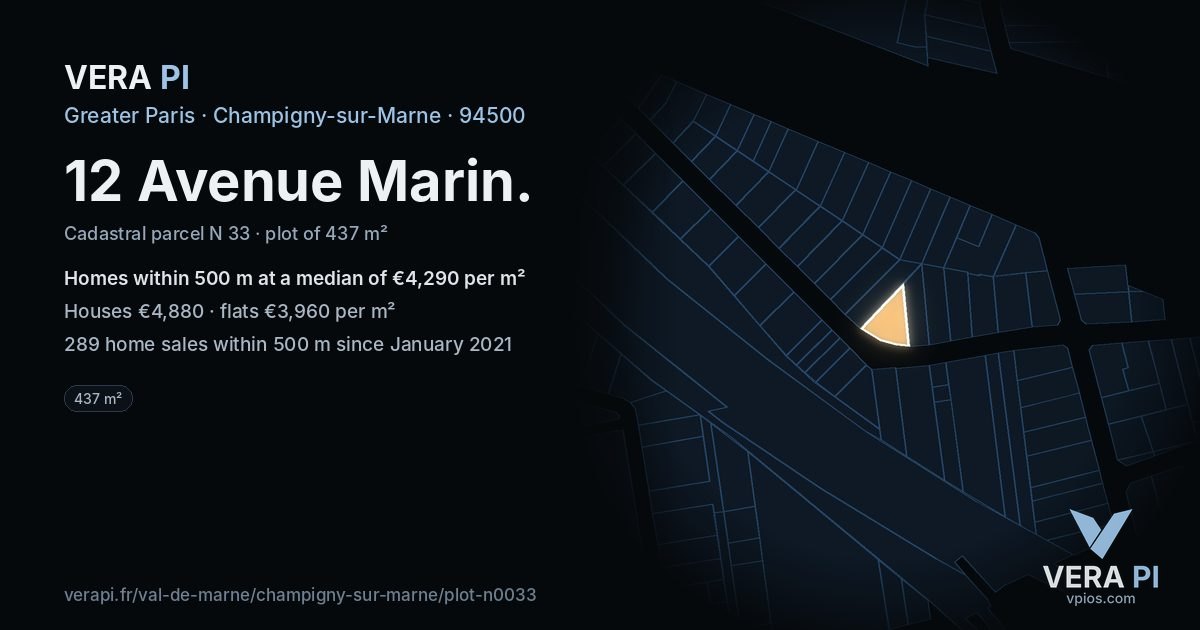 12 Avenue Marin, Champigny-sur-Marne at night – the plot lit, the parcels around coloured by the prices near them