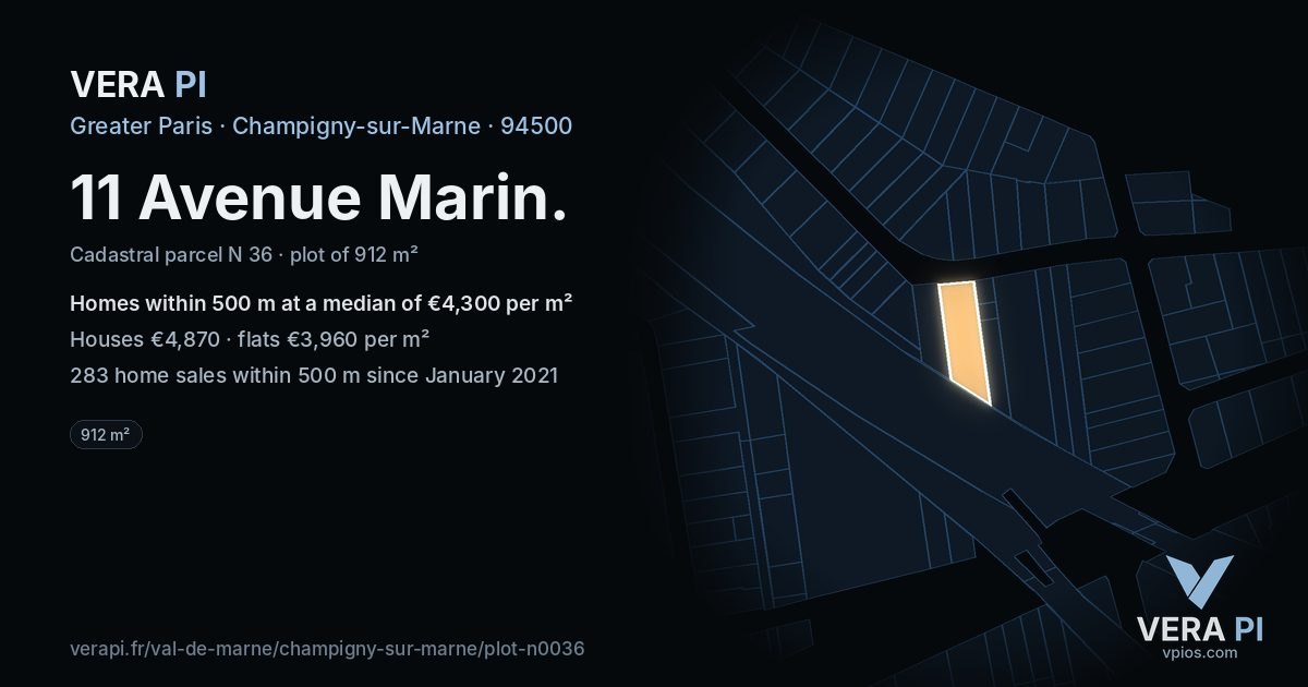 11 Avenue Marin, Champigny-sur-Marne at night – the plot lit, the parcels around coloured by the prices near them