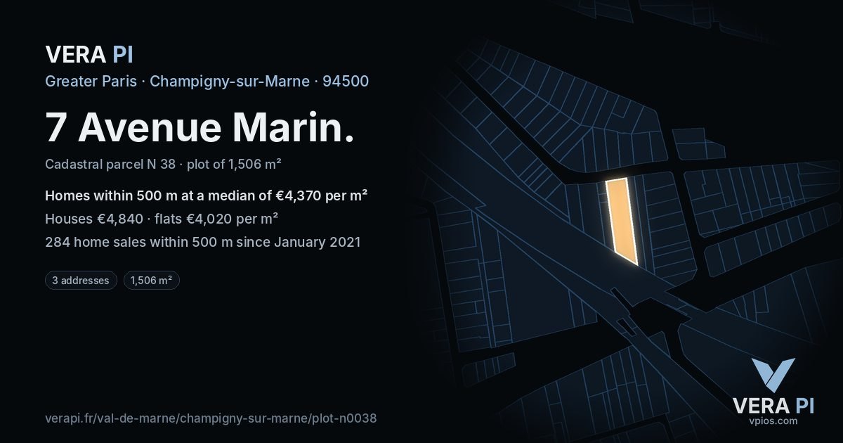 7 Avenue Marin, Champigny-sur-Marne at night – the plot lit, the parcels around coloured by the prices near them