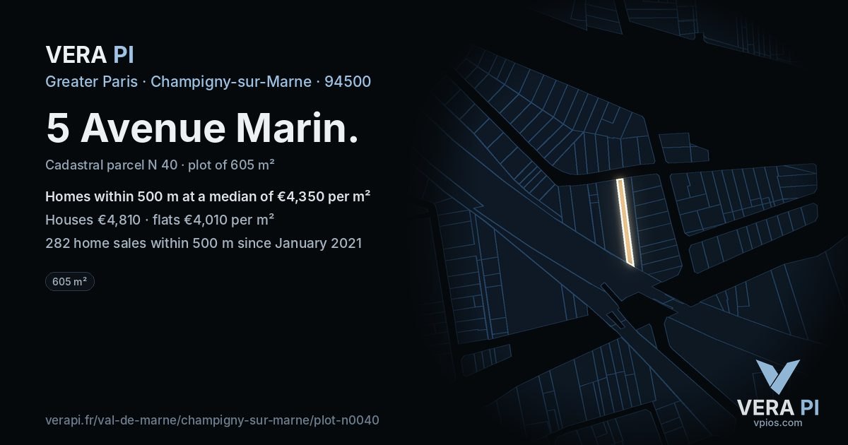 5 Avenue Marin, Champigny-sur-Marne at night – the plot lit, the parcels around coloured by the prices near them