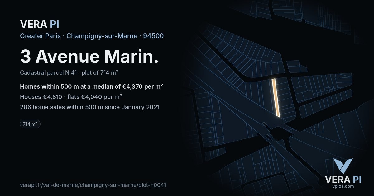 3 Avenue Marin, Champigny-sur-Marne at night – the plot lit, the parcels around coloured by the prices near them