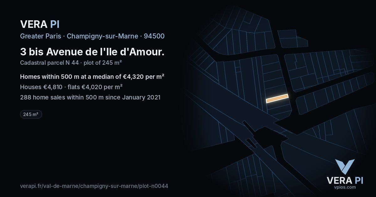 3 bis Avenue de l'Ile d'Amour, Champigny-sur-Marne at night – the plot lit, the parcels around coloured by the prices near them