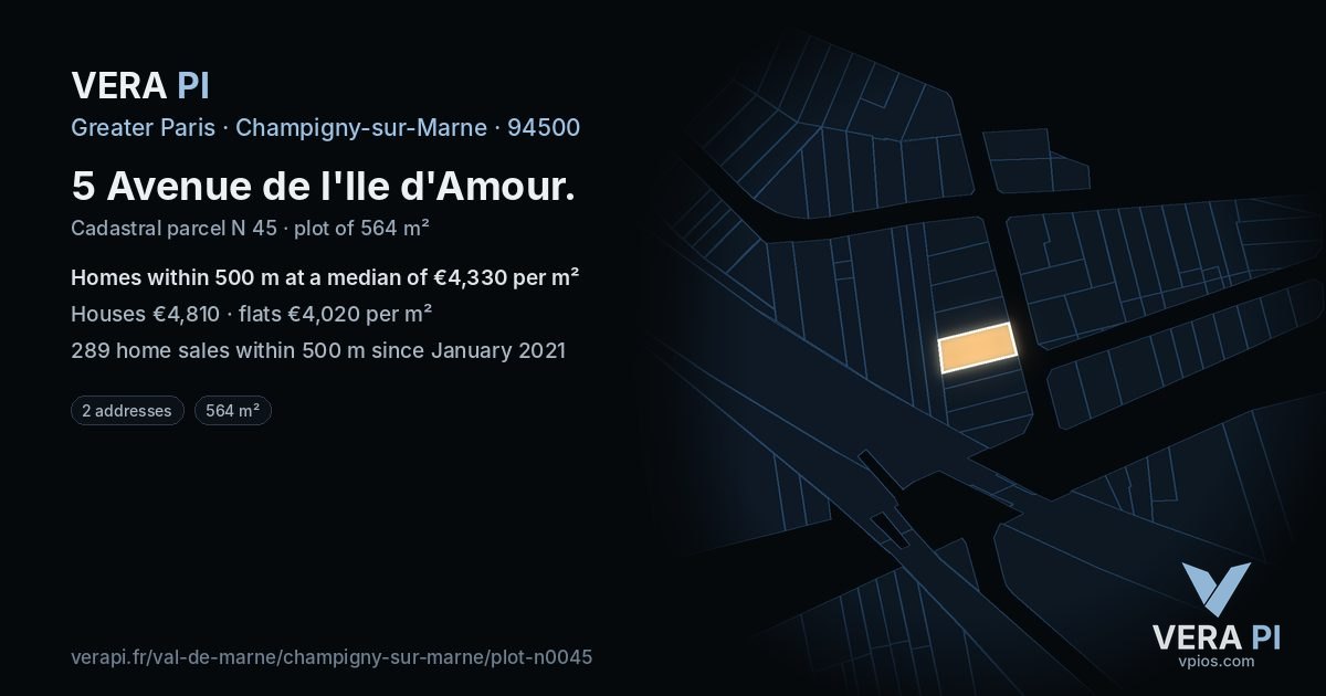 5 Avenue de l'Ile d'Amour, Champigny-sur-Marne at night – the plot lit, the parcels around coloured by the prices near them