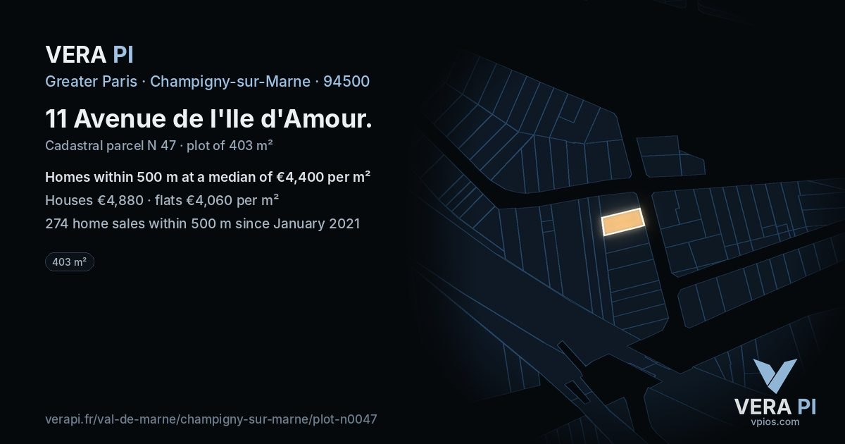 11 Avenue de l'Ile d'Amour, Champigny-sur-Marne at night – the plot lit, the parcels around coloured by the prices near them