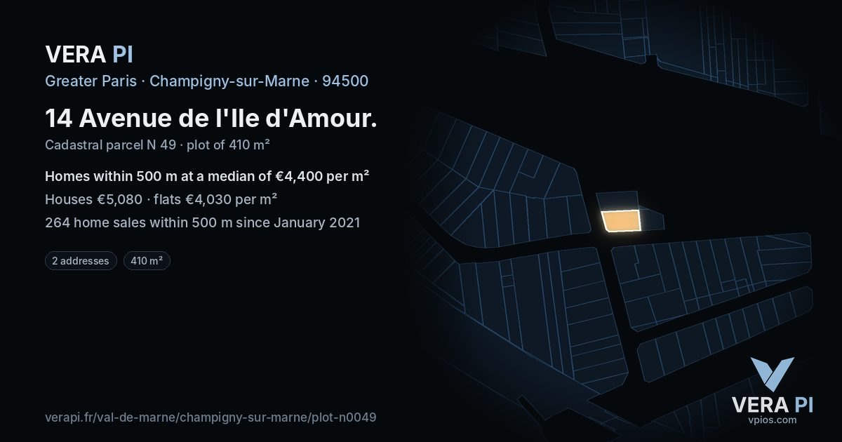 14 Avenue de l'Ile d'Amour, Champigny-sur-Marne at night – the plot lit, the parcels around coloured by the prices near them