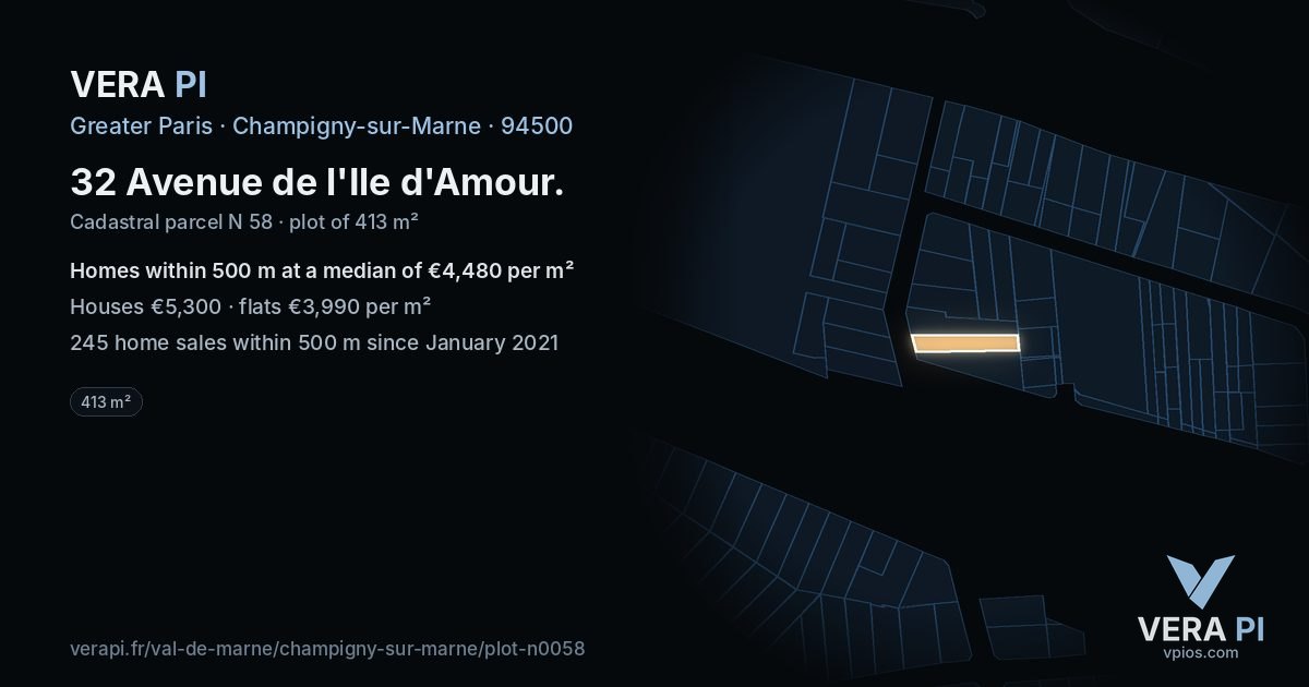 32 Avenue de l'Ile d'Amour, Champigny-sur-Marne at night – the plot lit, the parcels around coloured by the prices near them