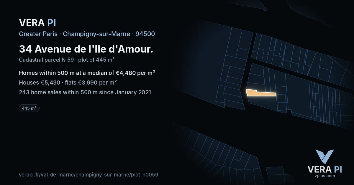 34 Avenue de l'Ile d'Amour, Champigny-sur-Marne at night – the plot lit, the parcels around coloured by the prices near them