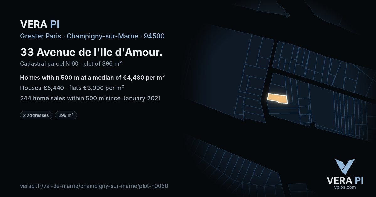 33 Avenue de l'Ile d'Amour, Champigny-sur-Marne at night – the plot lit, the parcels around coloured by the prices near them