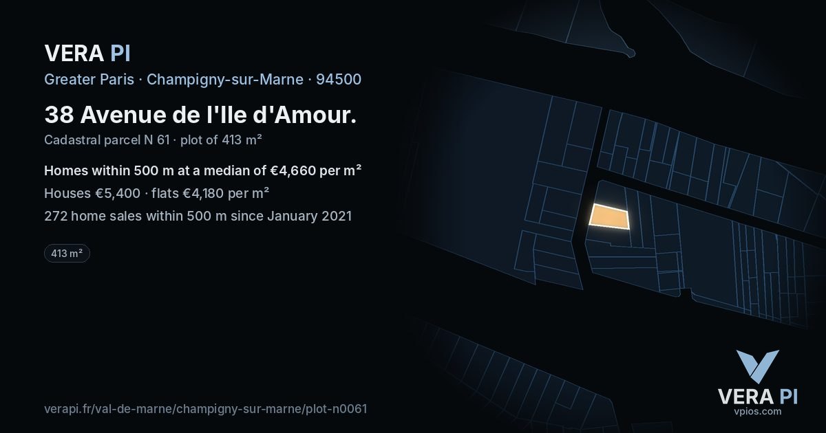 38 Avenue de l'Ile d'Amour, Champigny-sur-Marne at night – the plot lit, the parcels around coloured by the prices near them
