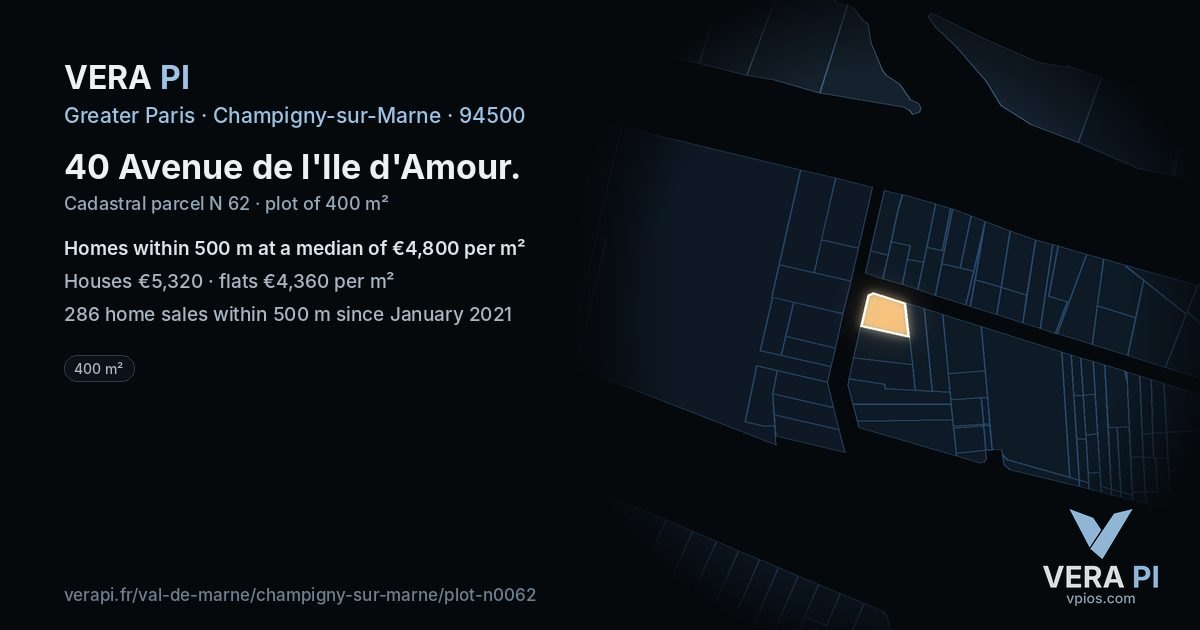 40 Avenue de l'Ile d'Amour, Champigny-sur-Marne at night – the plot lit, the parcels around coloured by the prices near them
