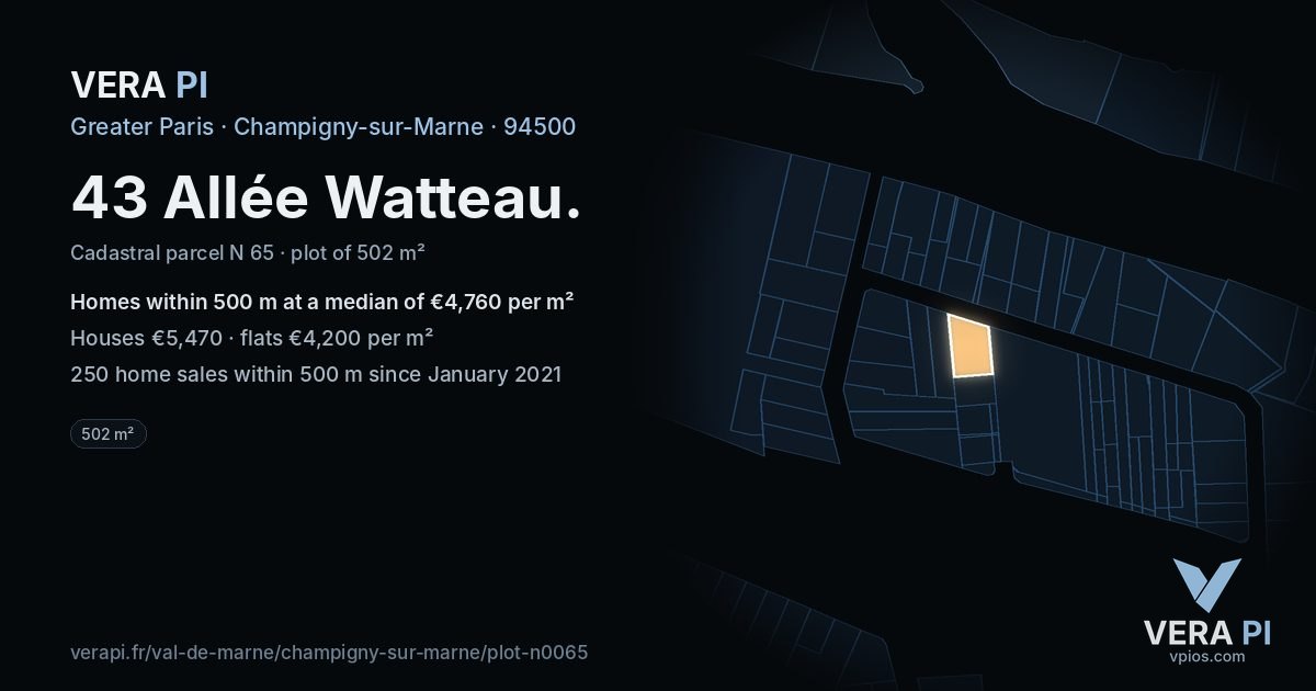 43 Allée Watteau, Champigny-sur-Marne at night – the plot lit, the parcels around coloured by the prices near them