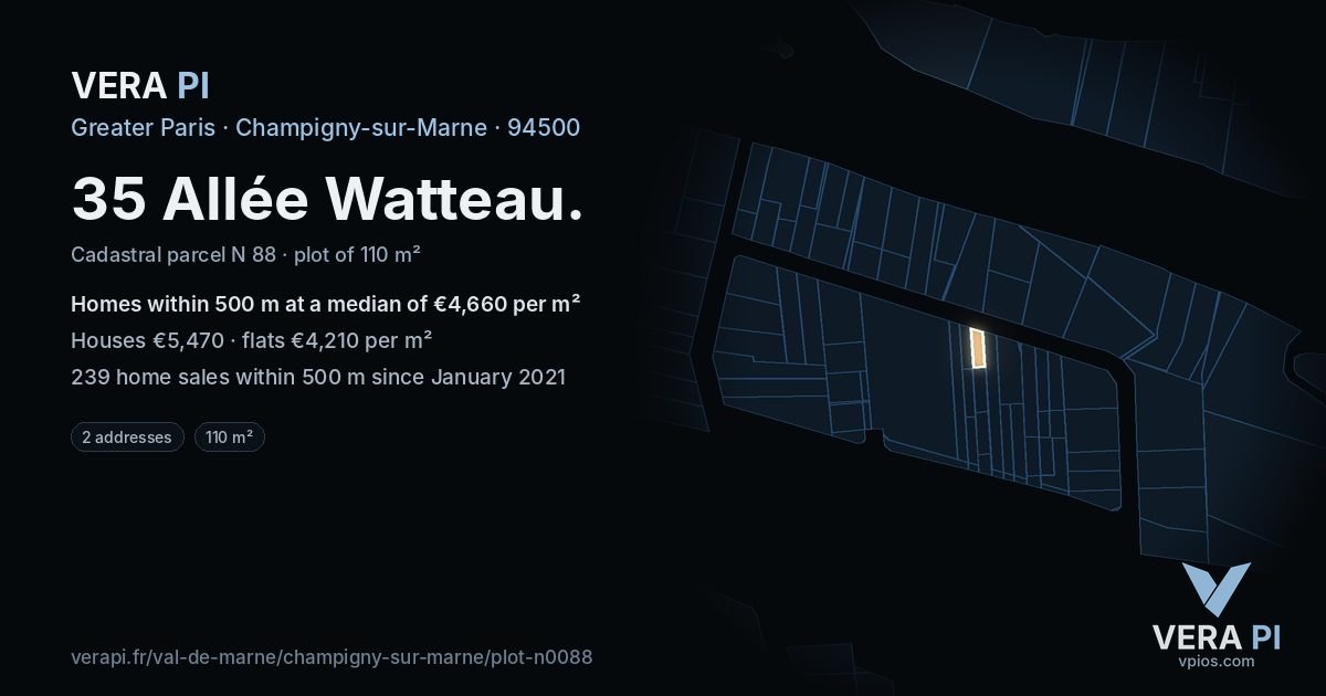 35 Allée Watteau, Champigny-sur-Marne at night – the plot lit, the parcels around coloured by the prices near them
