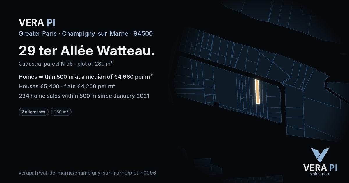 29 ter Allée Watteau, Champigny-sur-Marne at night – the plot lit, the parcels around coloured by the prices near them