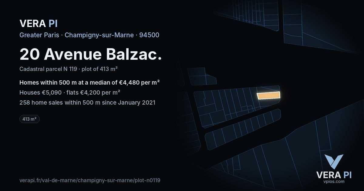 20 Avenue Balzac, Champigny-sur-Marne at night – the plot lit, the parcels around coloured by the prices near them
