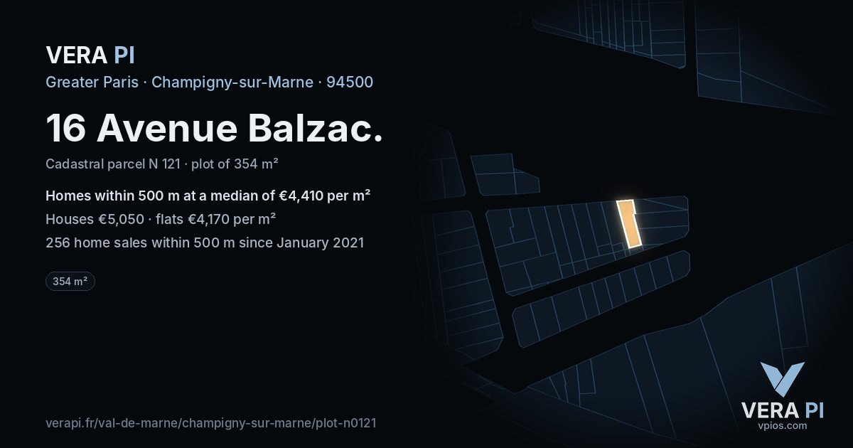 16 Avenue Balzac, Champigny-sur-Marne at night – the plot lit, the parcels around coloured by the prices near them