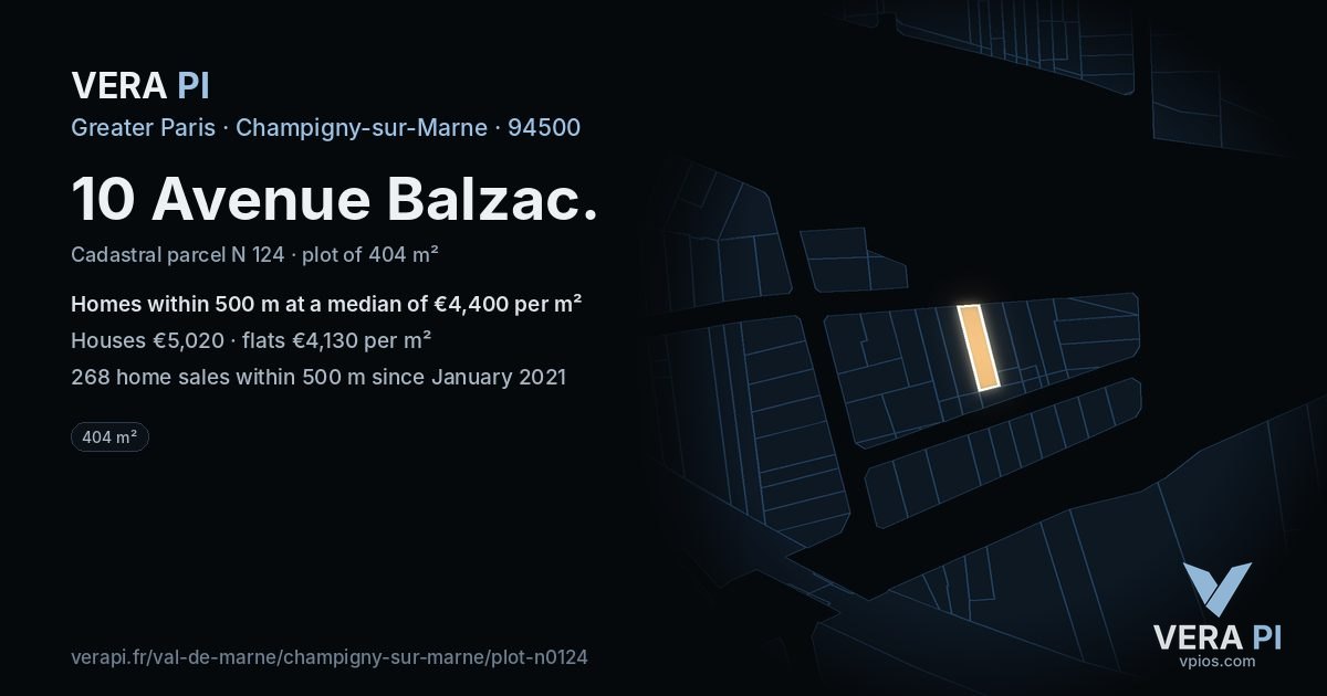 10 Avenue Balzac, Champigny-sur-Marne at night – the plot lit, the parcels around coloured by the prices near them