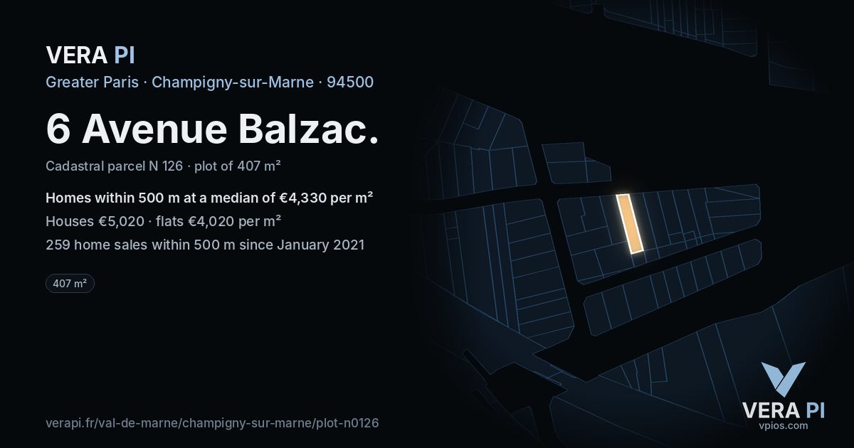 6 Avenue Balzac, Champigny-sur-Marne at night – the plot lit, the parcels around coloured by the prices near them