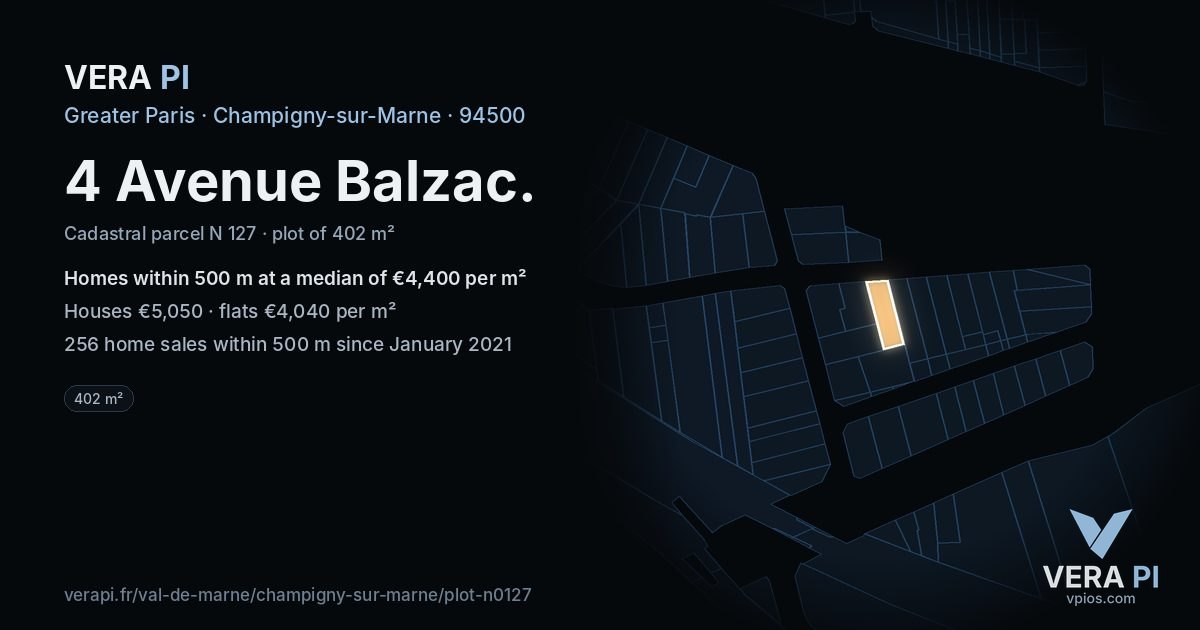 4 Avenue Balzac, Champigny-sur-Marne at night – the plot lit, the parcels around coloured by the prices near them