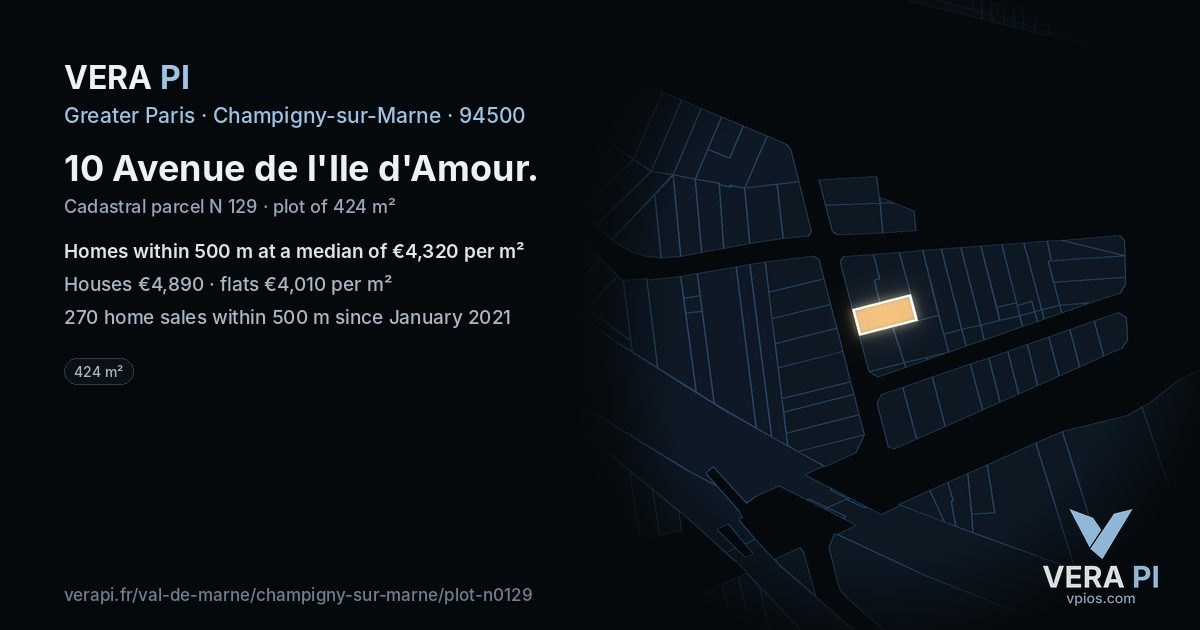 10 Avenue de l'Ile d'Amour, Champigny-sur-Marne at night – the plot lit, the parcels around coloured by the prices near them