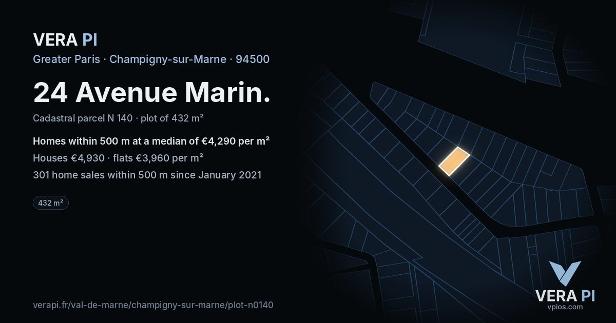 24 Avenue Marin, Champigny-sur-Marne at night – the plot lit, the parcels around coloured by the prices near them
