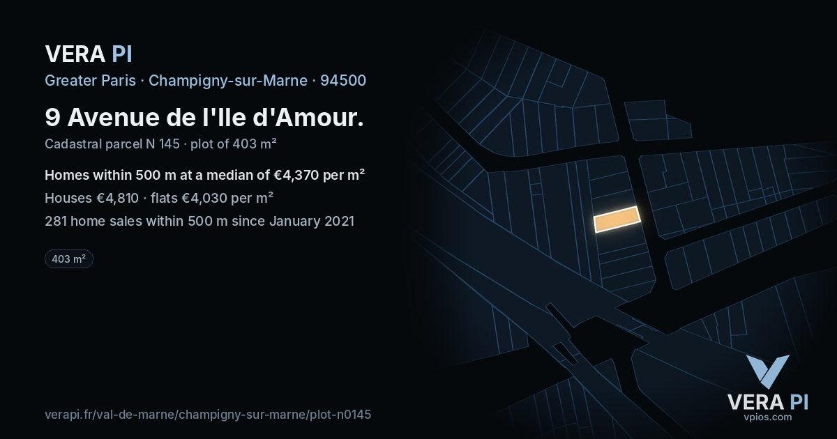 9 Avenue de l'Ile d'Amour, Champigny-sur-Marne at night – the plot lit, the parcels around coloured by the prices near them