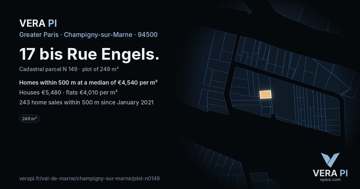 17 bis Rue Engels, Champigny-sur-Marne at night – the plot lit, the parcels around coloured by the prices near them