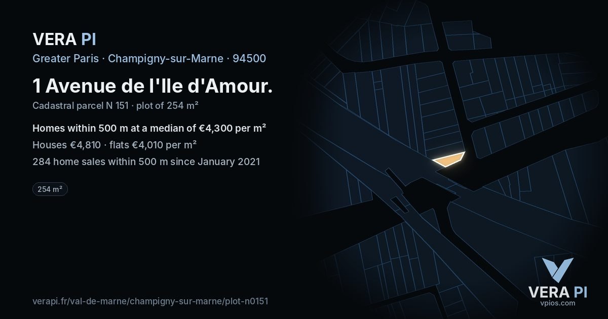 1 Avenue de l'Ile d'Amour, Champigny-sur-Marne at night – the plot lit, the parcels around coloured by the prices near them