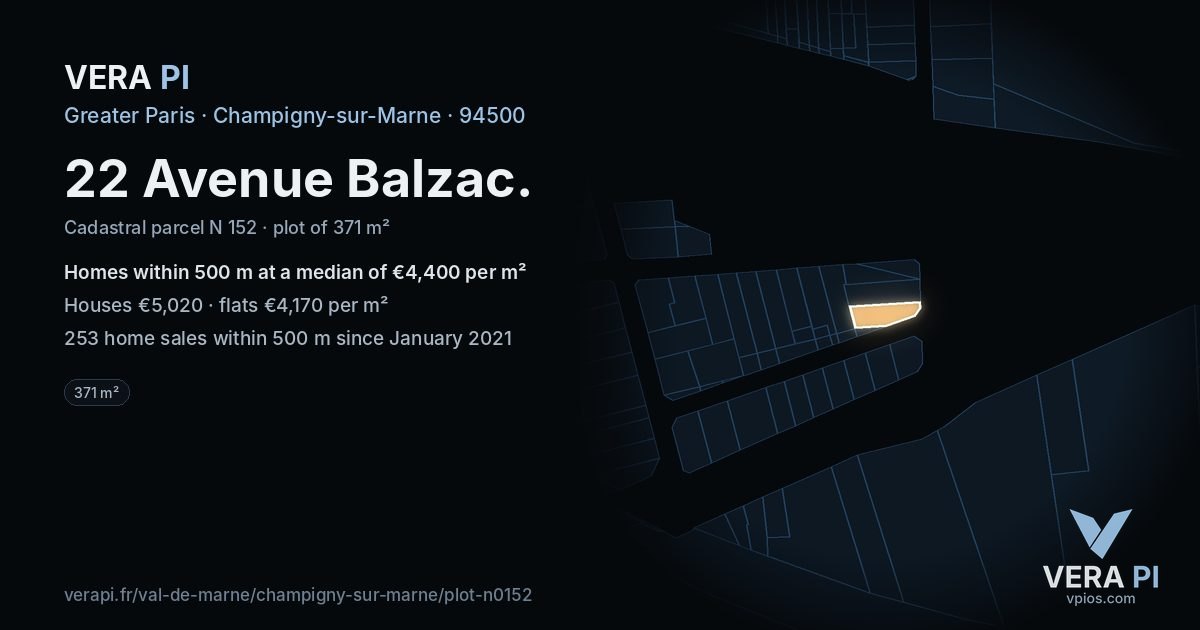 22 Avenue Balzac, Champigny-sur-Marne at night – the plot lit, the parcels around coloured by the prices near them