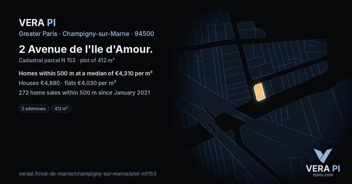 2 Avenue de l'Ile d'Amour, Champigny-sur-Marne at night – the plot lit, the parcels around coloured by the prices near them