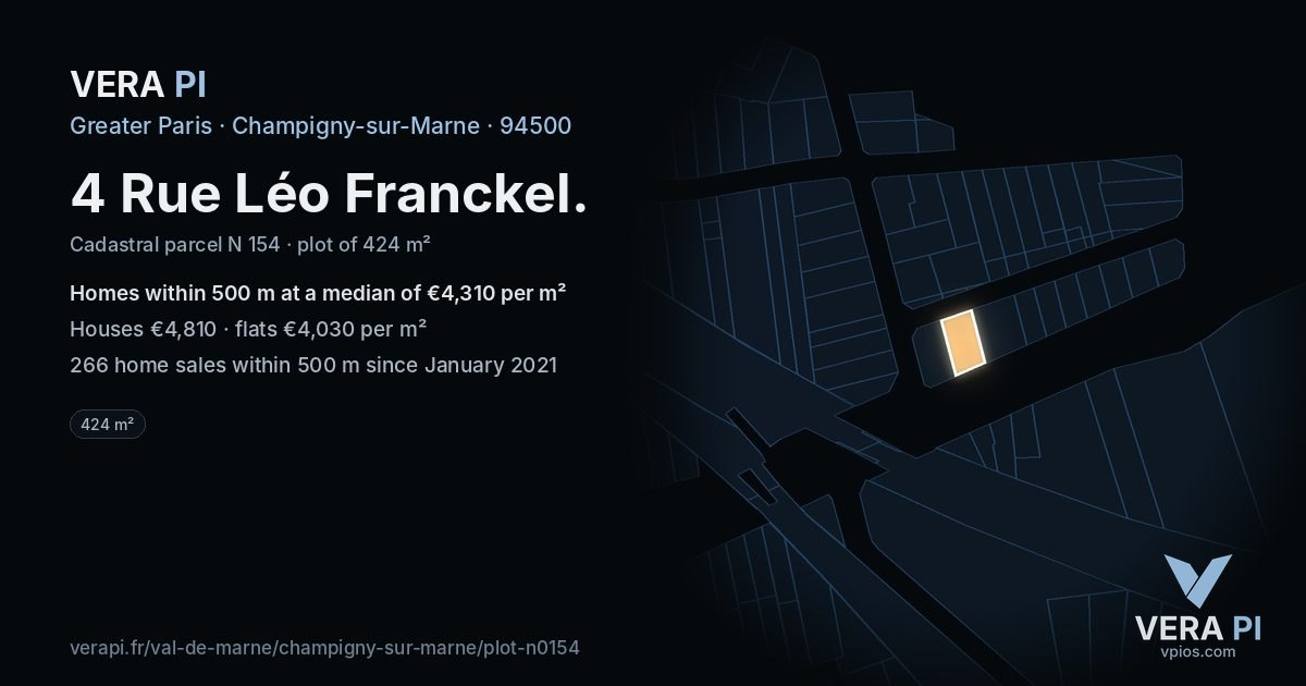 4 Rue Léo Franckel, Champigny-sur-Marne at night – the plot lit, the parcels around coloured by the prices near them