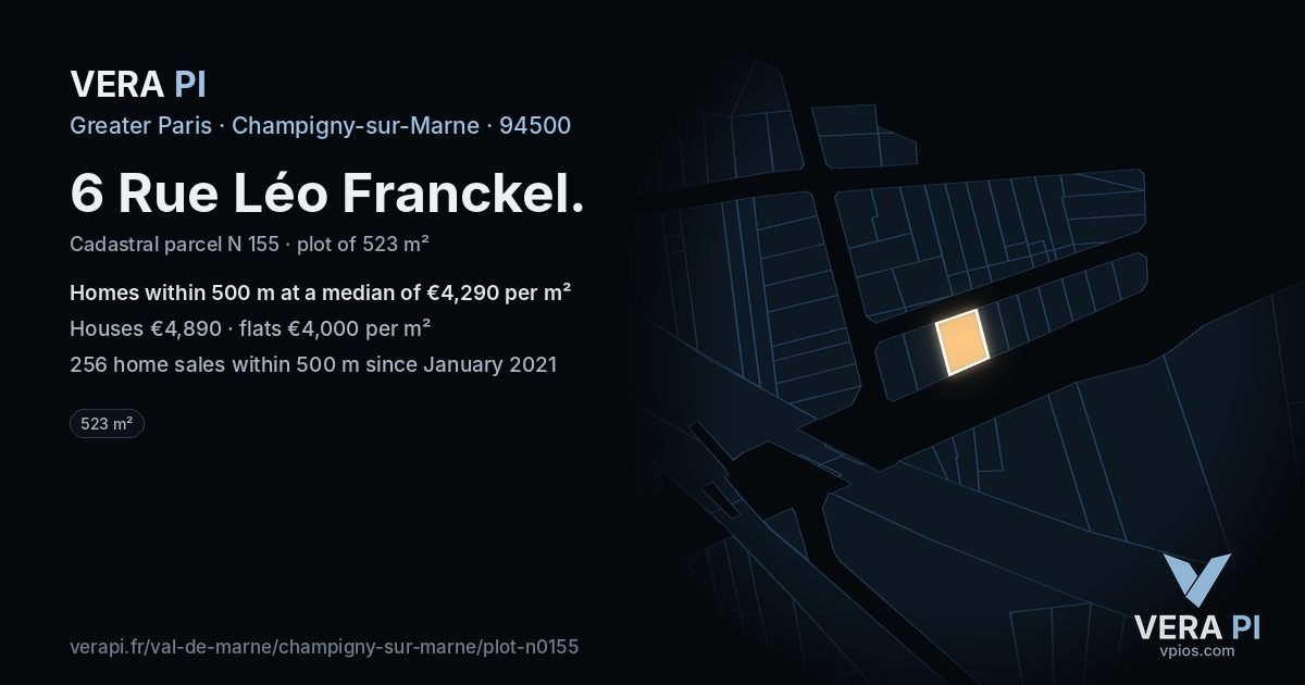 6 Rue Léo Franckel, Champigny-sur-Marne at night – the plot lit, the parcels around coloured by the prices near them