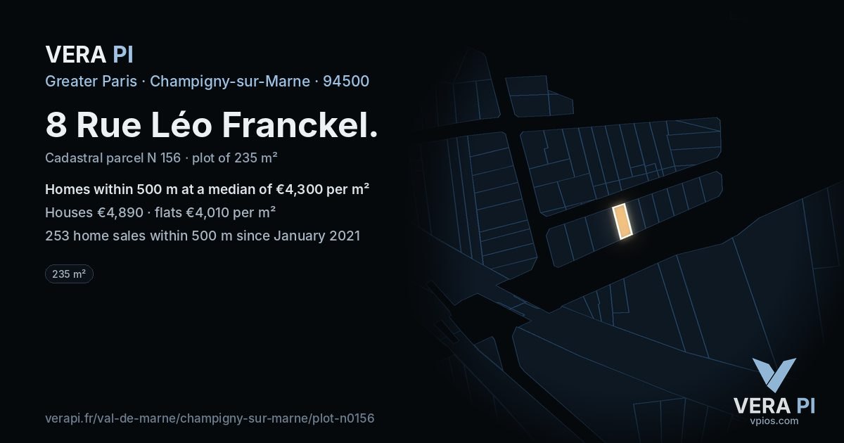 8 Rue Léo Franckel, Champigny-sur-Marne at night – the plot lit, the parcels around coloured by the prices near them