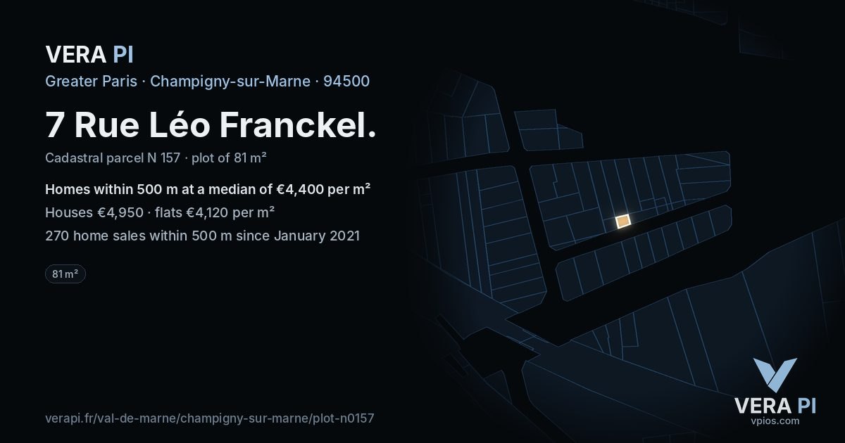 7 Rue Léo Franckel, Champigny-sur-Marne at night – the plot lit, the parcels around coloured by the prices near them
