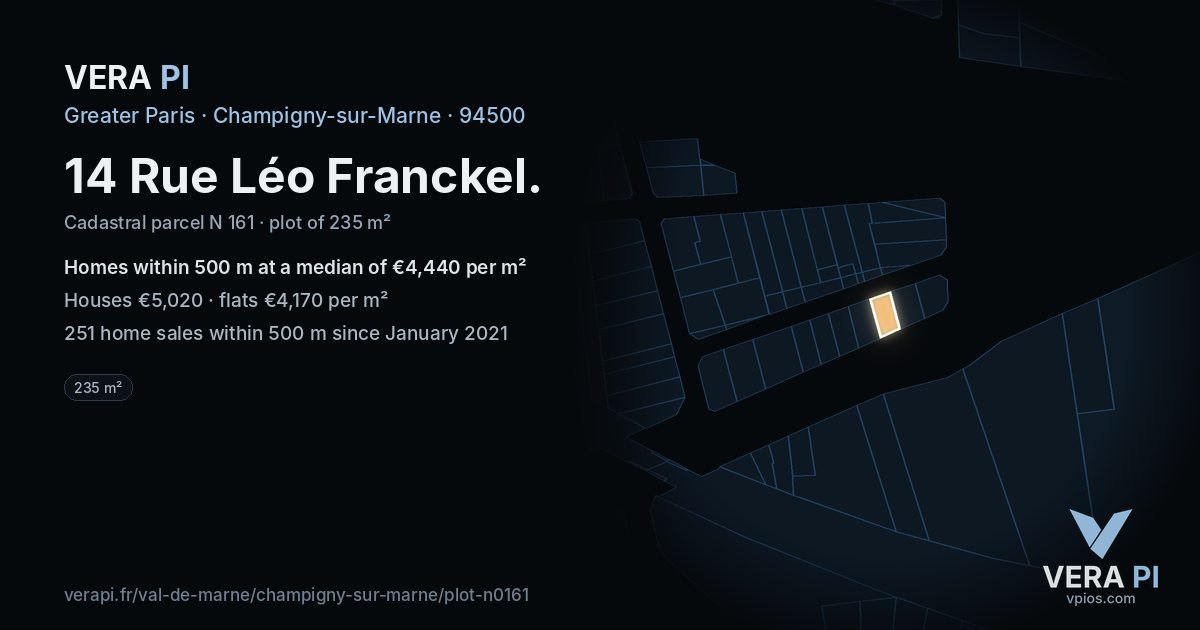 14 Rue Léo Franckel, Champigny-sur-Marne at night – the plot lit, the parcels around coloured by the prices near them