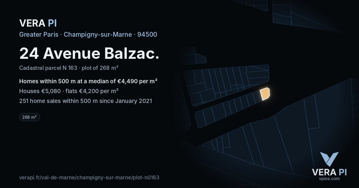 24 Avenue Balzac, Champigny-sur-Marne at night – the plot lit, the parcels around coloured by the prices near them