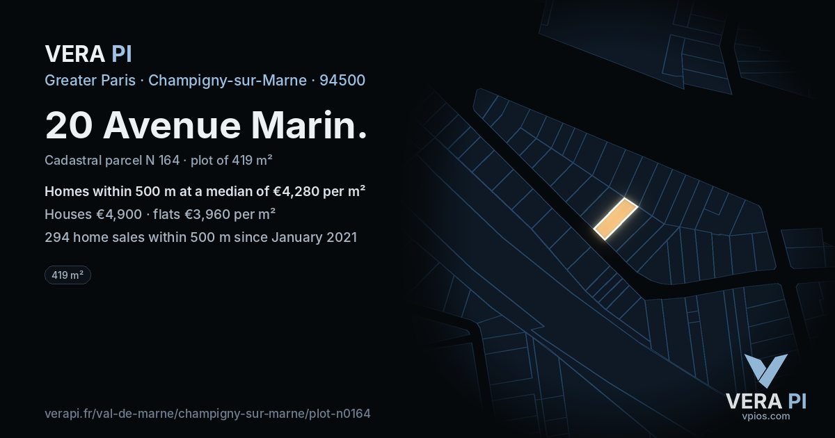 20 Avenue Marin, Champigny-sur-Marne at night – the plot lit, the parcels around coloured by the prices near them