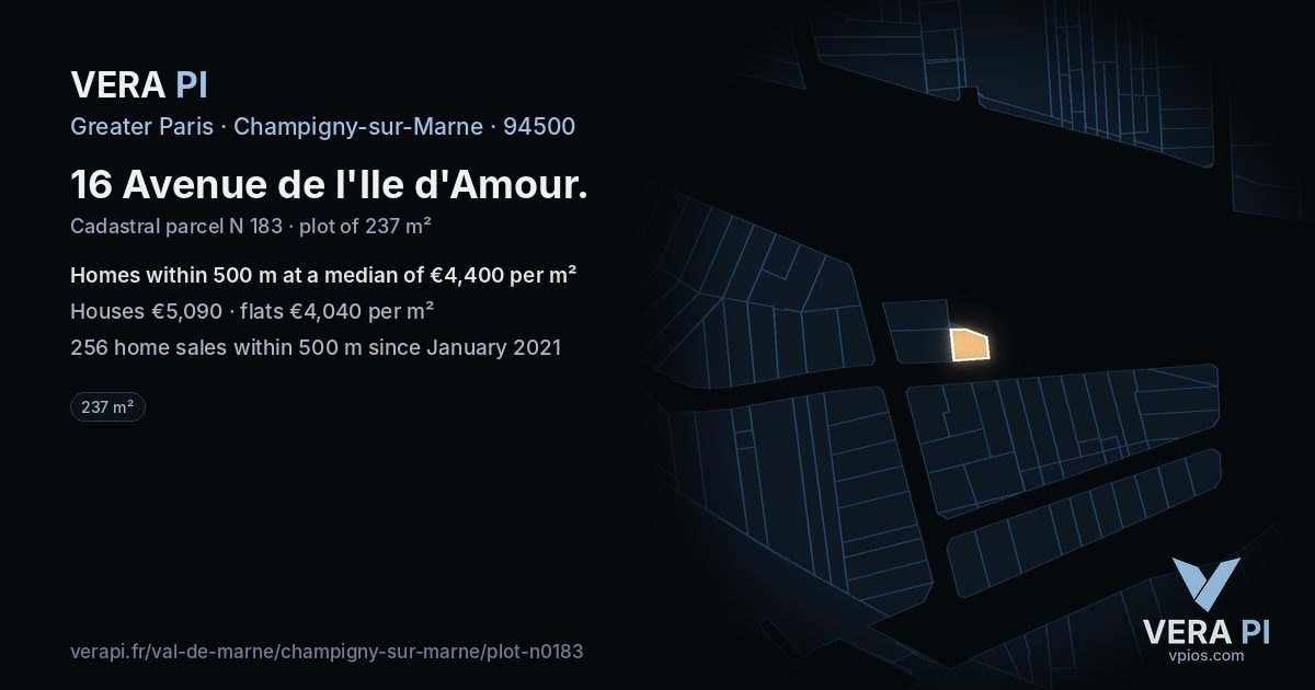 16 Avenue de l'Ile d'Amour, Champigny-sur-Marne at night – the plot lit, the parcels around coloured by the prices near them