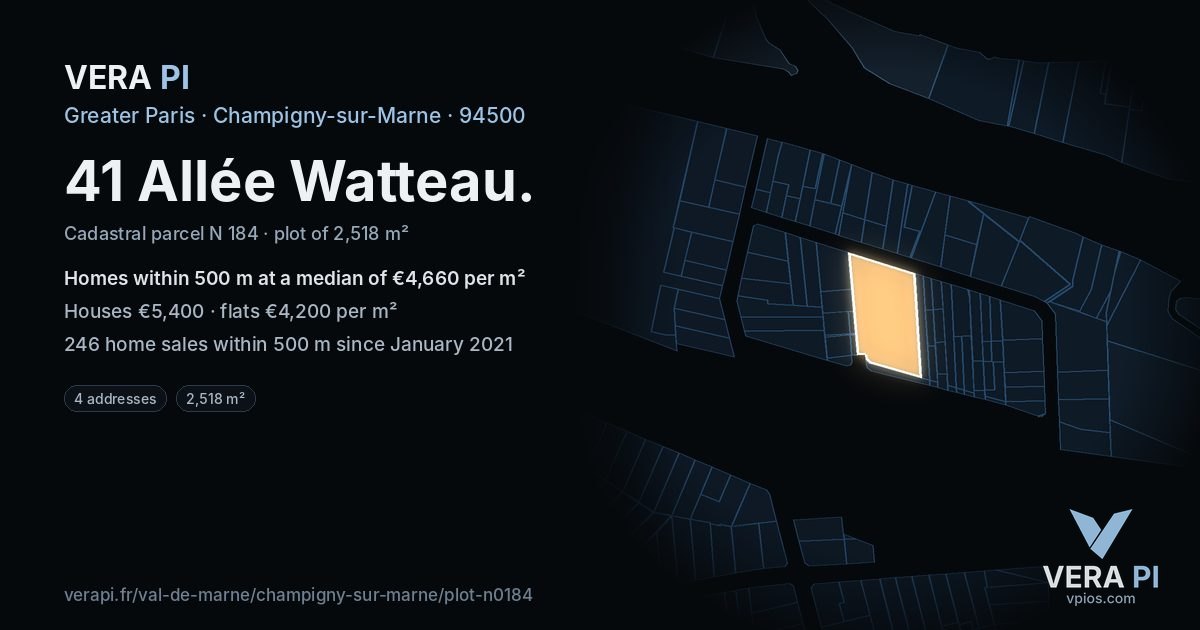 41 Allée Watteau, Champigny-sur-Marne at night – the plot lit, the parcels around coloured by the prices near them