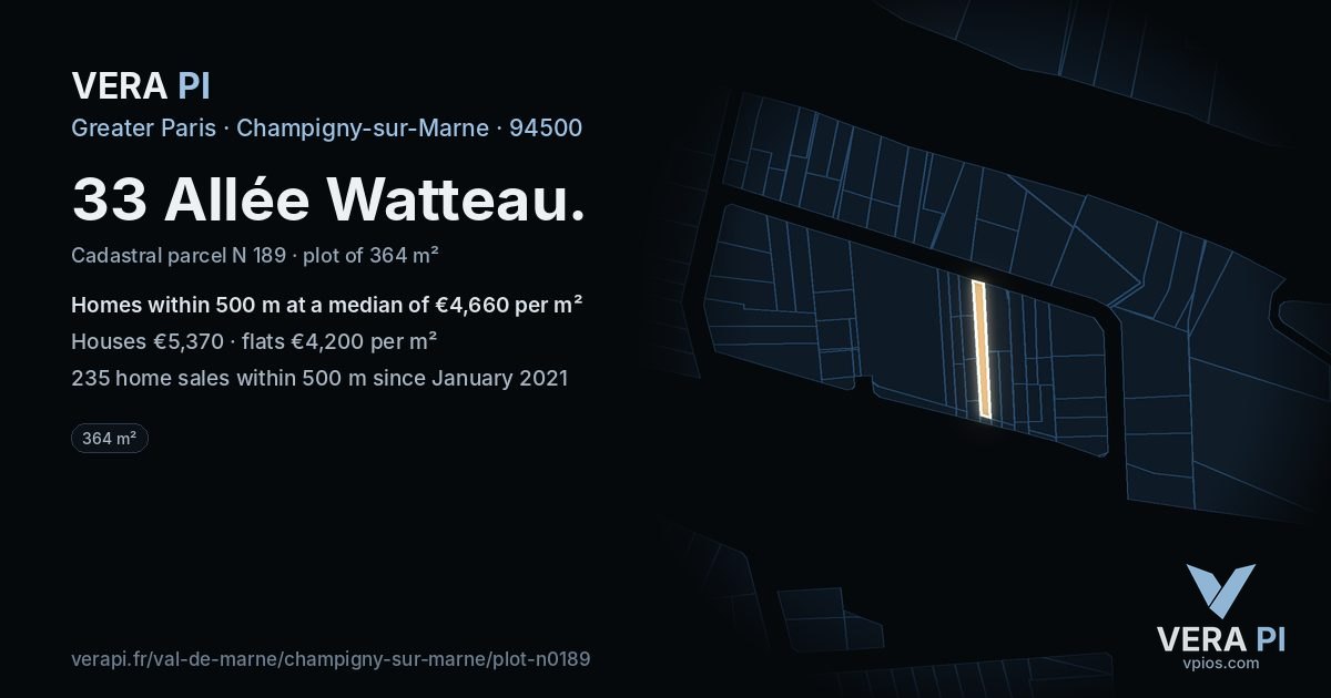 33 Allée Watteau, Champigny-sur-Marne at night – the plot lit, the parcels around coloured by the prices near them