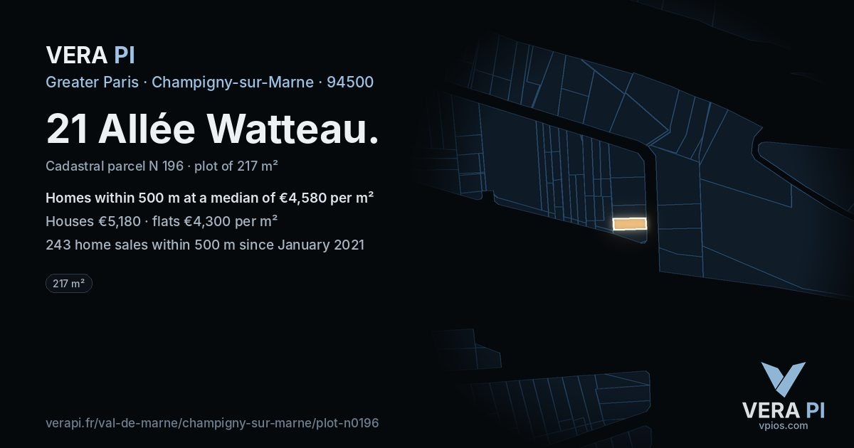 21 Allée Watteau, Champigny-sur-Marne at night – the plot lit, the parcels around coloured by the prices near them