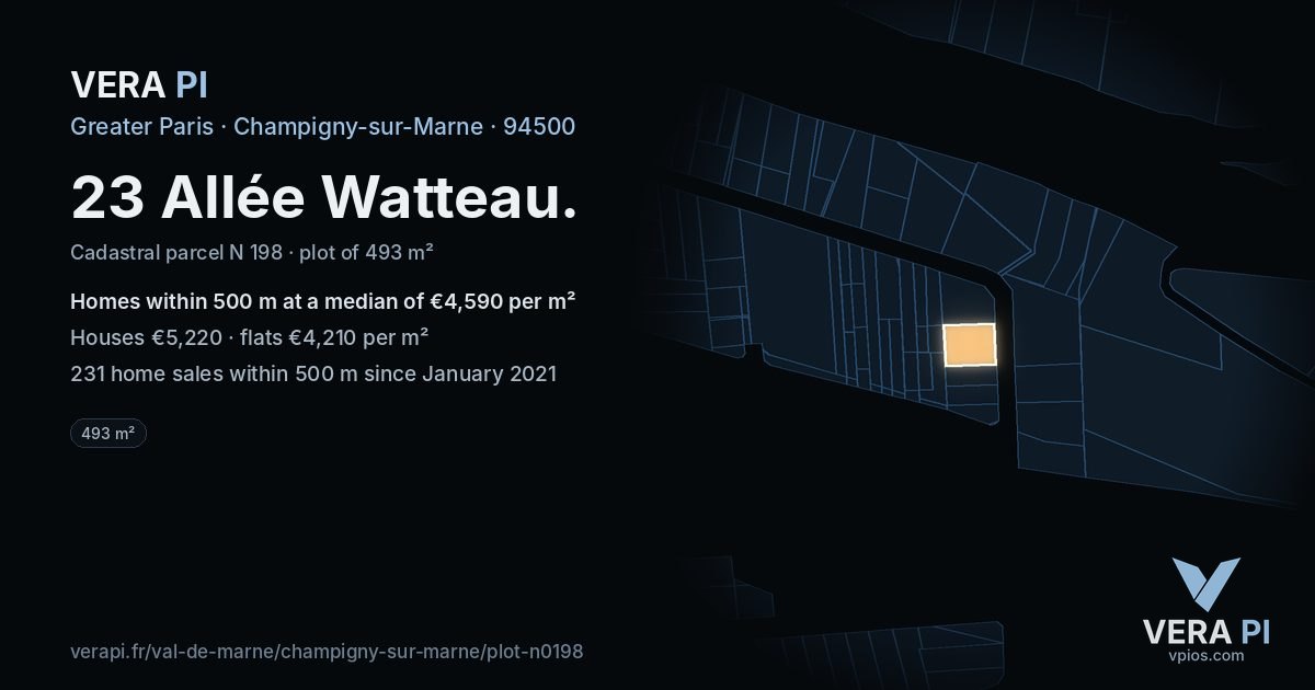 23 Allée Watteau, Champigny-sur-Marne at night – the plot lit, the parcels around coloured by the prices near them