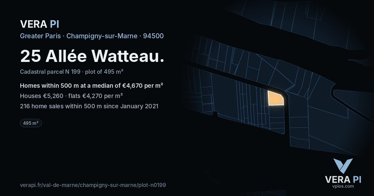 25 Allée Watteau, Champigny-sur-Marne at night – the plot lit, the parcels around coloured by the prices near them