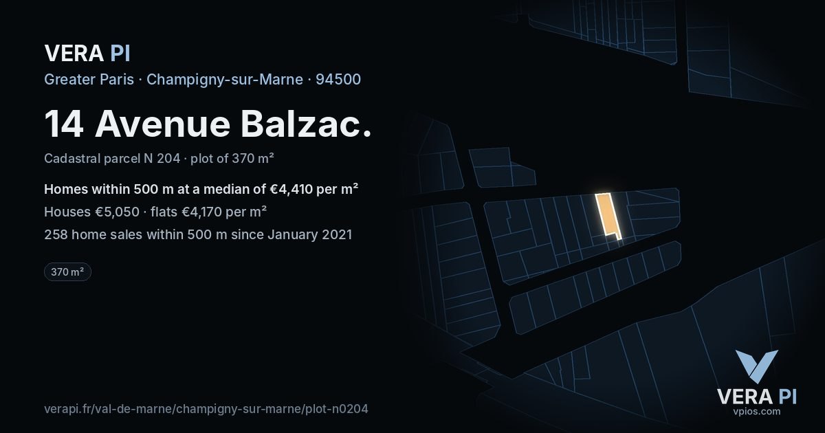 14 Avenue Balzac, Champigny-sur-Marne at night – the plot lit, the parcels around coloured by the prices near them