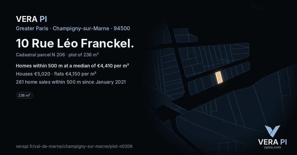 10 Rue Léo Franckel, Champigny-sur-Marne at night – the plot lit, the parcels around coloured by the prices near them