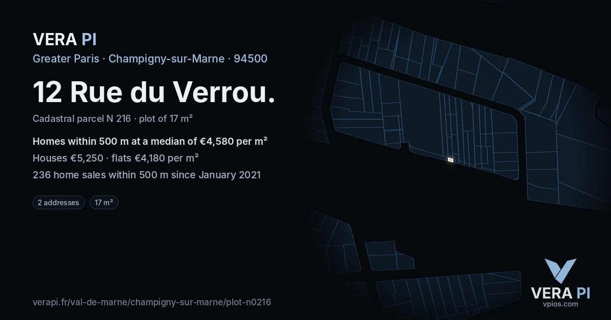 12 Rue du Verrou, Champigny-sur-Marne at night – the plot lit, the parcels around coloured by the prices near them
