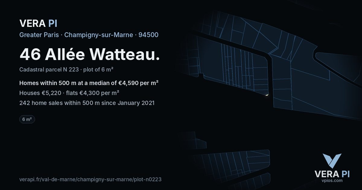 46 Allée Watteau, Champigny-sur-Marne at night – the plot lit, the parcels around coloured by the prices near them