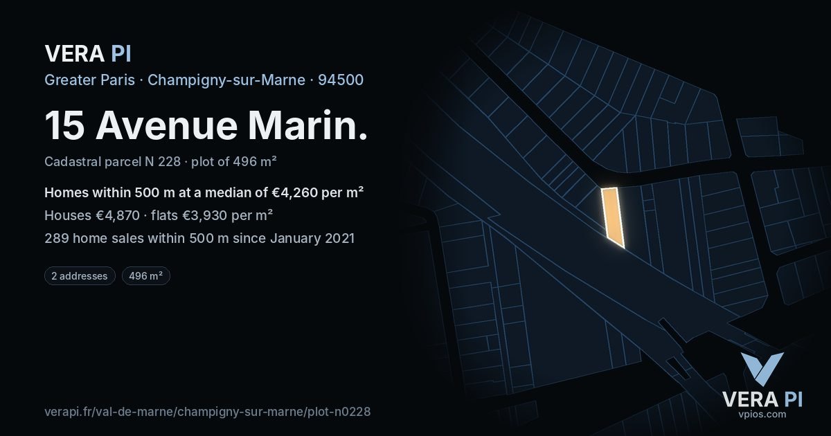 15 Avenue Marin, Champigny-sur-Marne at night – the plot lit, the parcels around coloured by the prices near them