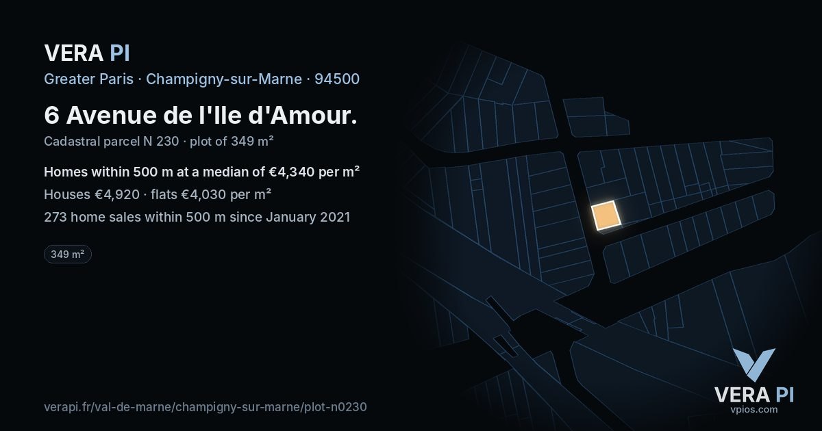 6 Avenue de l'Ile d'Amour, Champigny-sur-Marne at night – the plot lit, the parcels around coloured by the prices near them