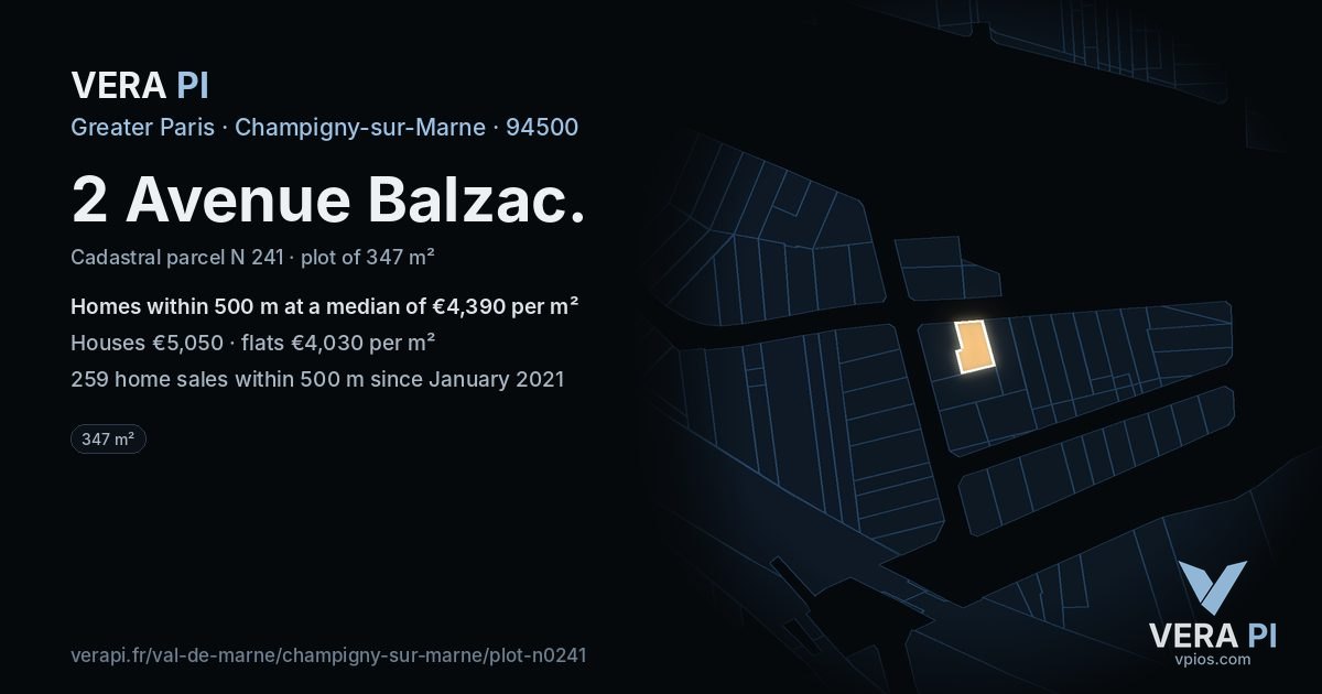 2 Avenue Balzac, Champigny-sur-Marne at night – the plot lit, the parcels around coloured by the prices near them