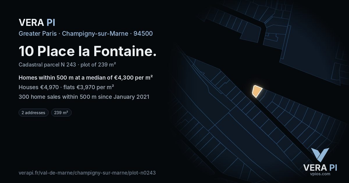 10 Place la Fontaine, Champigny-sur-Marne at night – the plot lit, the parcels around coloured by the prices near them